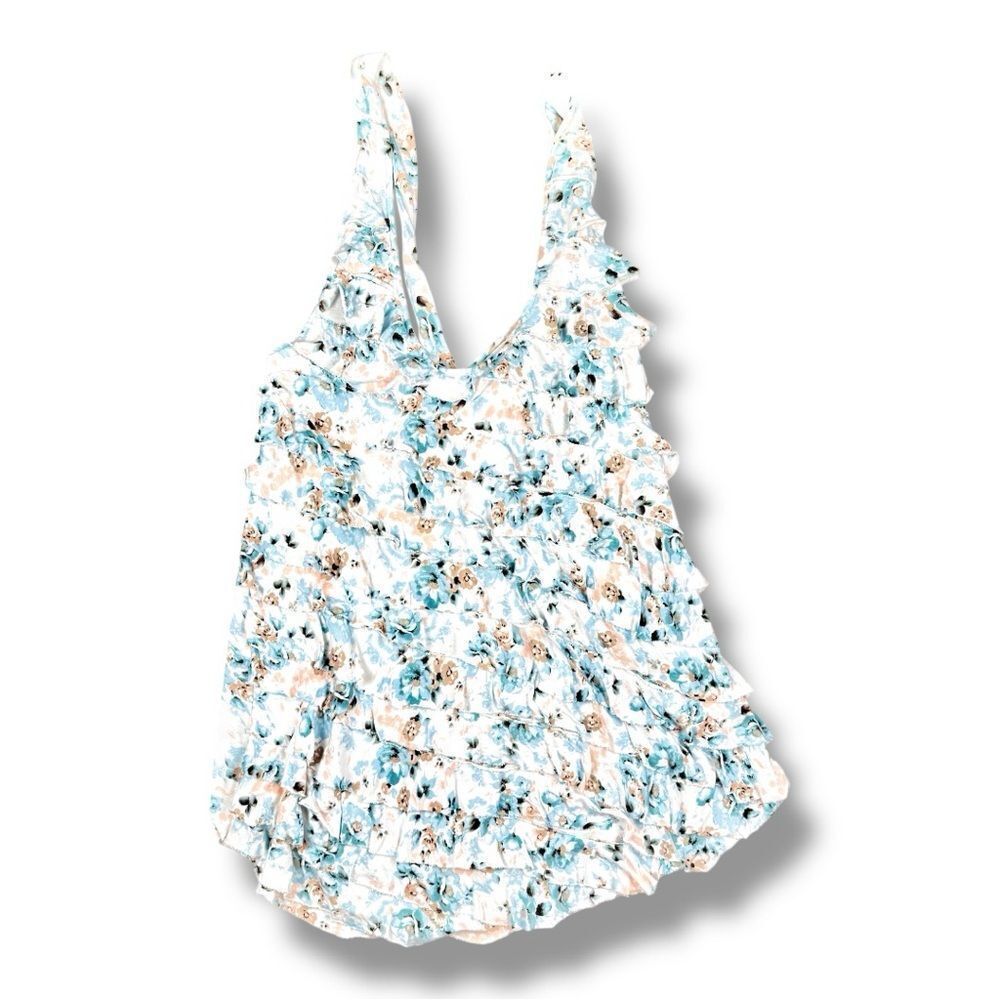 Urban Outfitters Kimchi Blue Floral Ruffle Tank Top - White and Blue